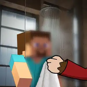 Steve in a real life shower, handed a towel by Dr. Squatch.