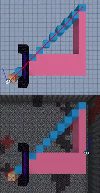 An image split in half vertically, with the top half showing the Overworld and the bottom half showing the Nether, both from a top-down view. In both halves, there is an identical setup featuring a command block, 10 blocks placed diagonally up and right representing the velocity of the pearl, and a nether portal (facing such that you can enter from the left) intersecting the path. In the Overworld side the pearl is on the command block and hasn't ticked yet. In the nether side, the pearl is 10 blocks right of the command block, and aligned into the top frame of the portal. This is the position in which it enters the nether, and it will continue moving up-right from here.