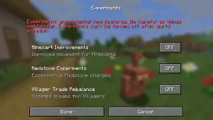 Experiments screen on Java Edition.