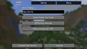 The "Game" tab of the world creation screen.