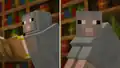 Two pixelated images of a gray sheep character from Minecraft, depicted in a library setting with bookshelves in the background. In the left image, the sheep holds and reads an open book with a brown cover and gold trim. In the right image, the sheep sits with a neutral expression, facing forward.