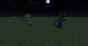 Zombie and skeleton wearing a pumpkin.