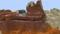 Steve riding a happy ghast in a badlands