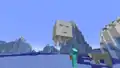 A happy ghast flying over Steve in a frozen ocean