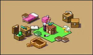 Efe crafting a diamond sword, surrounded by other weapons.