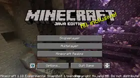 Java Edition 1.18 Experimental Snapshot 1 menu.png: Infobox image for Minecraft 1.18 Experimental Snapshot 1 the version in Minecraft