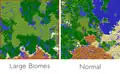 Comparison between large and normal biomes before 1.18. The red dot is the origin of the world. Both worlds have the same seed.