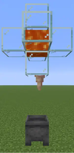 From top to bottom, a lava source, any block (in this case stone), pointed dripstone, air and a cauldron.