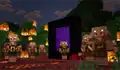 The nether portal in the Minecraft Legends Event surrounded by piglins with glowing eyes.