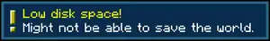 A toast after attempting to save the world without adequate storage in Java Edition.