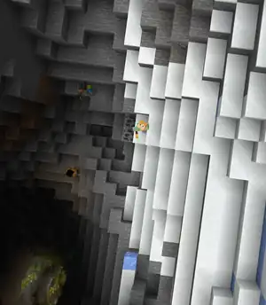 Makena, Alex, and Sunny entering a lush cave through a mountain crevice.