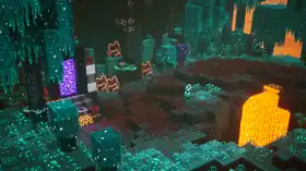 A Warped Forest as it appears in Minecraft Dungeons.