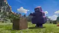 Grimace placing a block.