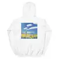 The back of the white version of the Limited Loot hoodie, depicting artwork of Steve and Alex near a Moai-like villager statue.