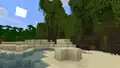 A beach without Vibrant Visuals. There is a mangrove swamp and jungle behind it. Also, there are firefly bushes in the swamp, emitting firefly particles.