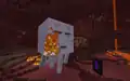 A ghast up close, shooting a fireball (with the old snowball texture) at the player.