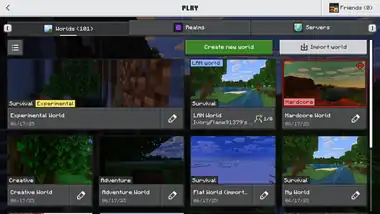 The "Worlds" tab of the "Play" menu in Bedrock Edition.