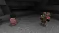 A zombified piglin in the Overworld, next to a normal pig.