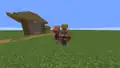 A villager (farmer) alongside a piglin wielding a netherite sword. Piglins do not attack villagers.