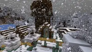 A pillager outpost in a snowy taiga village in Bedrock Edition, causing the pillagers to attack the villagers.