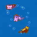 Pixel artwork of two axolotls swimming around a blue axolotl.