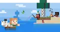 Pixel artwork of Noor fishing with several parrots.