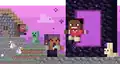 Pixel art of Zuri leaping out of a portal with Efe and Noor nearby, representing Realms.[18]