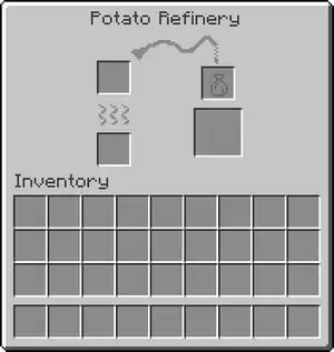 A interface with 4 slots and a title "Potato Refinery" at the top, one in the top right has a bottle icon. Above the icon in the bottom left there are lines depicting heat.