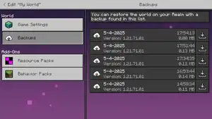 The "Backups" tab in Minecraft Realms.
