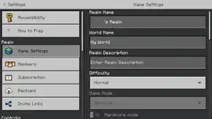 The "Game settings" tab in the pause menu for Minecraft Realms.