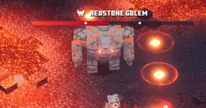 The arena battle at the Redstone Mines where a Redstone Golem spawns as a boss.