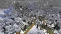 A village that generated partially inside a snowy taiga mountains biome, with snowfall.