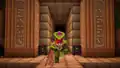 Third image features a green-armored character with a pink flower crown and staff holding a small fox in an Egyptian-style temple entrance with glowing green portal and torches.