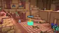 Second image depicts a reddish interior with a gray iron golem, gold coins in a blue potion bottle, chests, plants, and decorative elements on stairs and platforms.