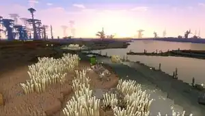 A dry savanna as it appears in Minecraft Legends.