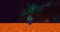 Steve standing on lava in a warped forest.