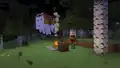 A screenshot of a player character listening to a jukebox by a campfire. A happy ghast is floating next to them.