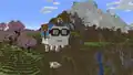 Happy ghast ridden by a Minecraft character leashed to a boat with a mob