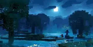 Concept art of the swamp at night.