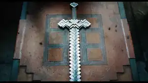 An iron sword on a crafting table