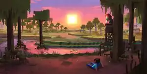 Concept art depicting three forested biomes in a sunset setting.