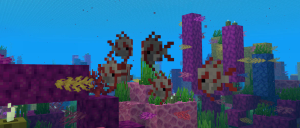 A Minecraft screenshot of a school of fish in a coral reef.