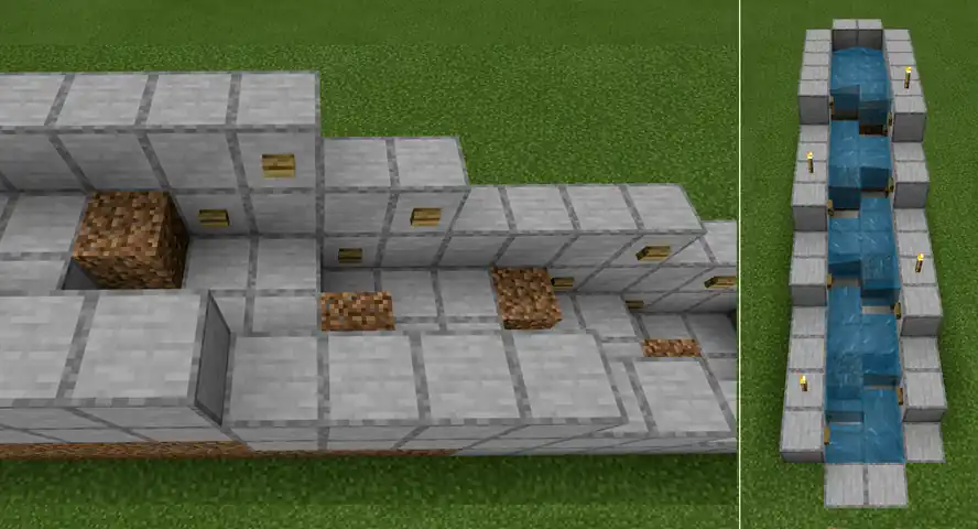 3. Place a button behind ("downhill") and diagonally up from each dirt block and from each step. Add more wall blocks to accommodate the buttons. 4. Place a water block on the wall block diagonally up ("downhill") from each dirt block. Each wall block that gets a water block is indicated by a torch.