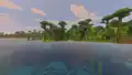 An ocean near a jungle with reflections set to Low or Off.