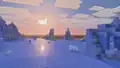A frozen ocean at sunset, with 3 polar bears and a snow fox, while Zuri does some ice fishing. Minor visual glitches can be seen on the icebergs.