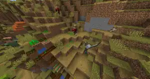 A vindicator chasing a villager.