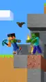 A bat with Sunny and a zombie on artwork for the 15th anniversary of Minecraft. Note the old design.