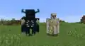 An iron golem and a warden standing next to each other.