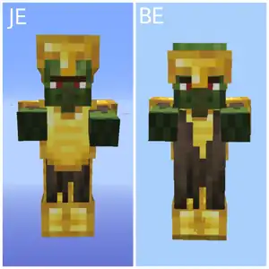 A comparison of zombie villagers wearing golden armor between Java and Bedrock.