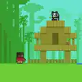 Pixel art of Zuri standing beside a building made of bamboo planks.